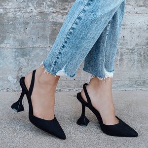 Black Suede Pointed-Toe Slingback Pumps